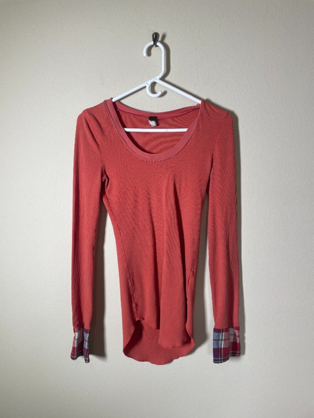 We the Free Women's Coral Waffle Knit Plaid Decorative Button Top Medium!
